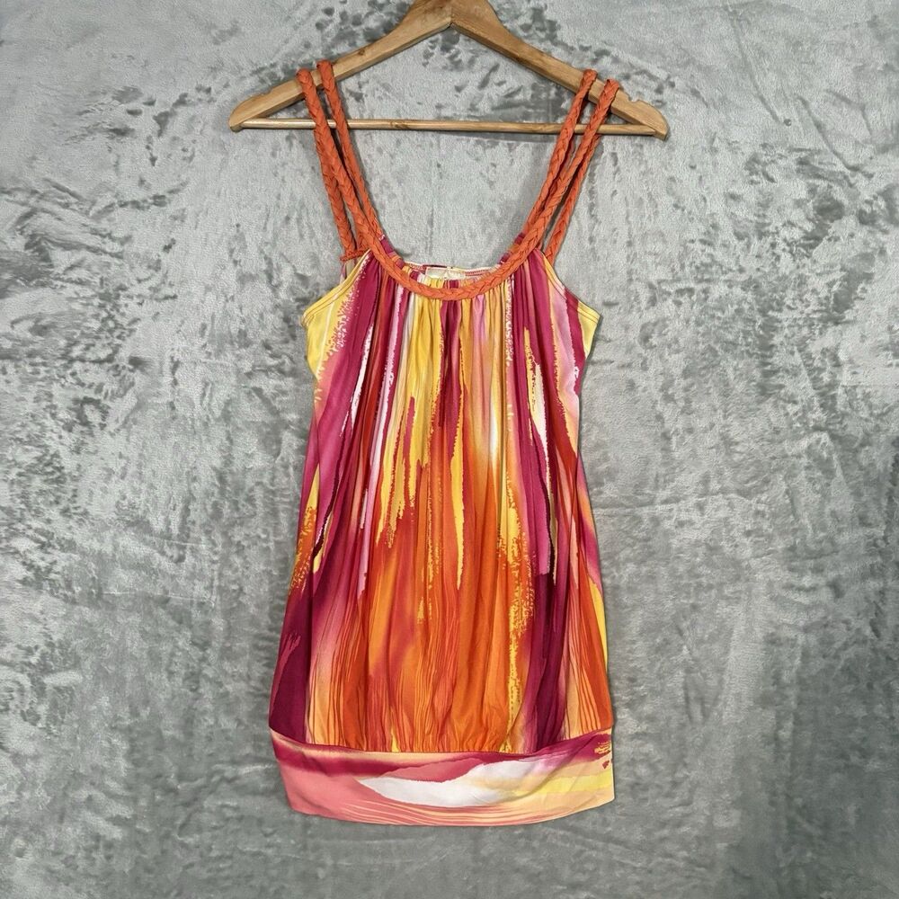Pretty Good Y2K Bubble Hem Tank Top Braided Straps Abstract Sunset Print Medium